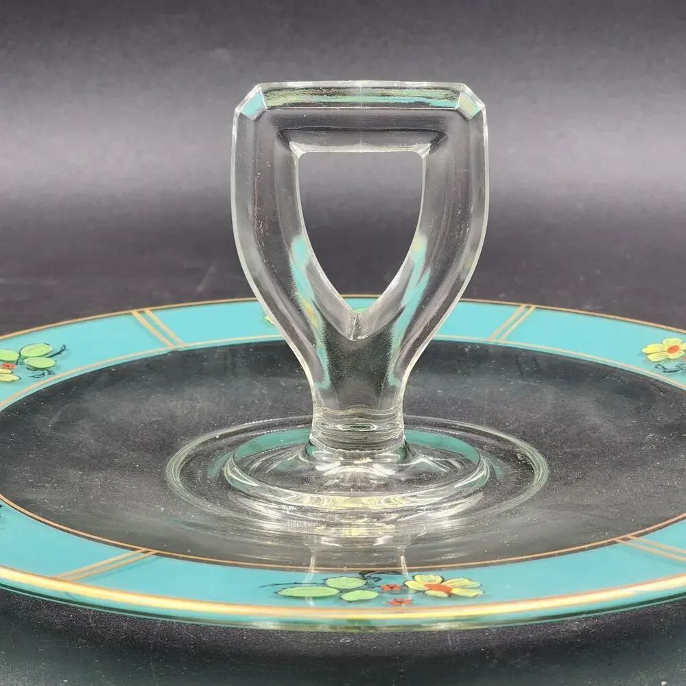 Reverse Painted Glass Tidbit Tray French Cottage Blue MCM Serving Tray 11